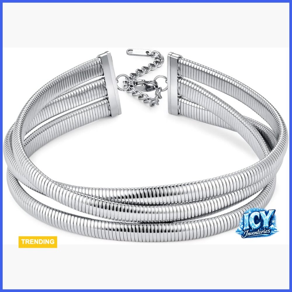 Stainless Steel Triple Strand Snake Chain Choker Necklace Statement Jewelry